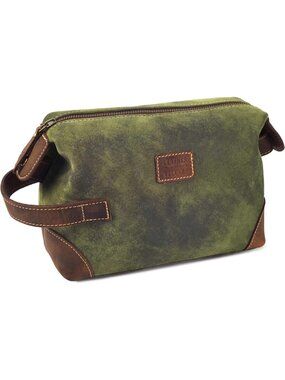 Men's Green Genuine Leather Travel Vintage Toiletry Bag with Waterproof Lining